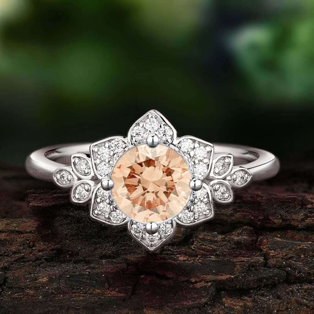 Vintage Style Floral ring - Champagne Citrine, Art Deco Flower Ring